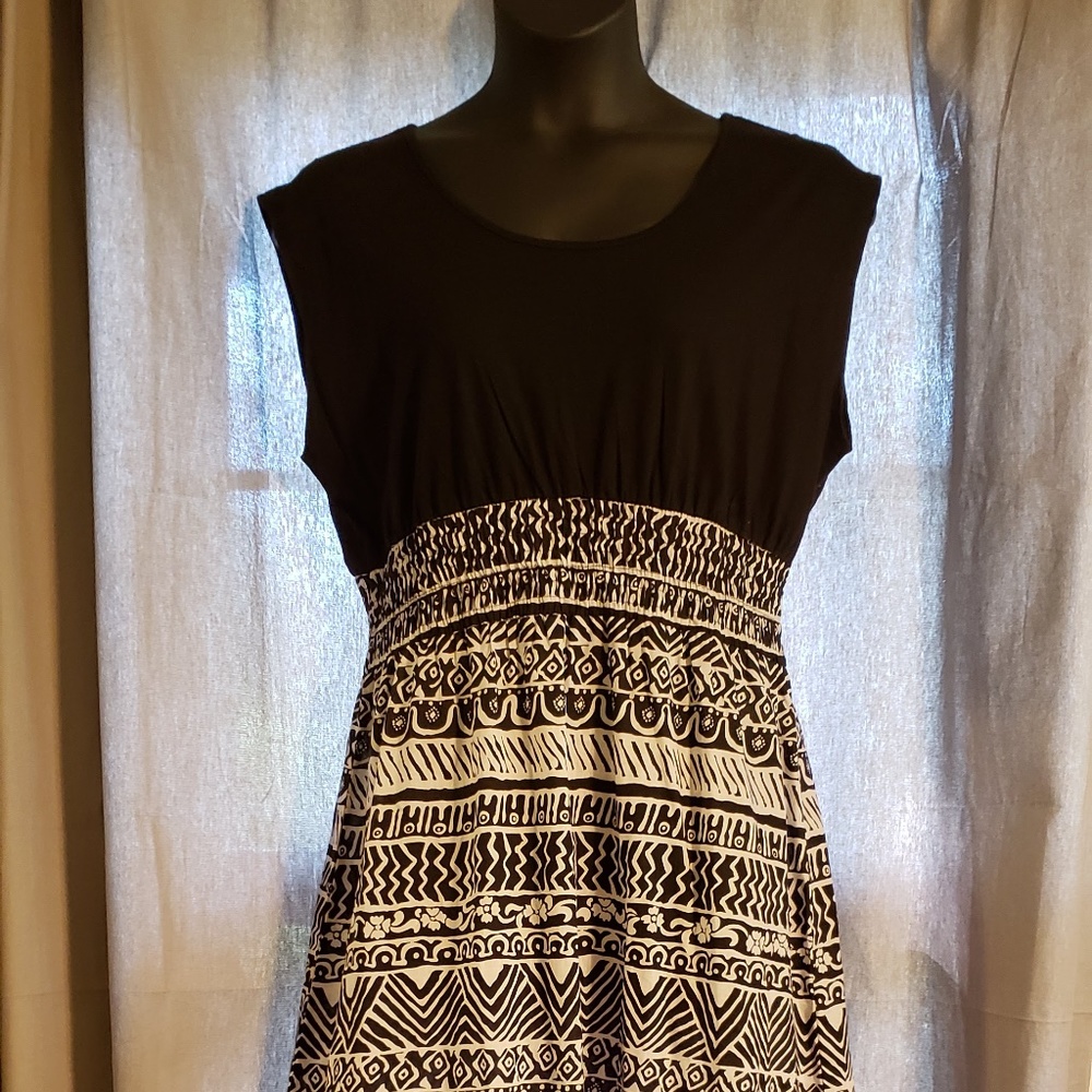 Maxi dress with black knit top and batik bottom